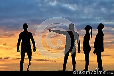 Crowd of people makes it clear to a disabled person with a leg prosthesis that he should go away. The concept of Discrimination of Stock Photo