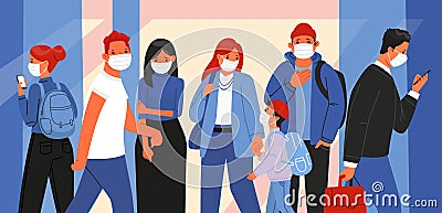 Crowd of people in medical masks on their faces. Outbreak of coronovirus infection COVID-19. Men, women and children in a city Cartoon Illustration