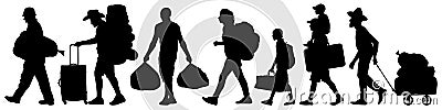 Crowd people migration. Resettlement of refugees. Man walks with a bag and a suitcase. Silhouette vector illustration Vector Illustration