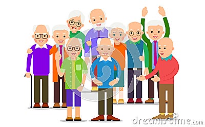 Crowd people old. Elderly couple standing and smiling. Retirement teamwork concept. Friendship, family communication. Happy couple Vector Illustration