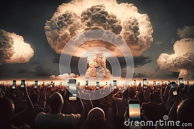 Crowd of people photographing mushroom cloud. Neural network AI generated Stock Photo