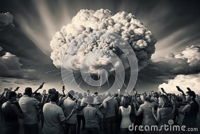 Crowd of people photographing mushroom cloud. Neural network AI generated Stock Photo