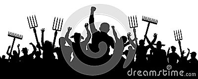 Crowd of people with a pitchfork shovel rake. Angry peasants protest demonstration. Riot workers vector silhouette Vector Illustration