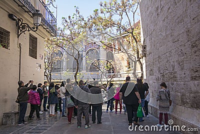 Crowd of people on Plaza del Mercado in Valencia Editorial Stock Photo