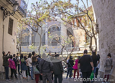 Crowd of people on Plaza del Mercado in Valencia Editorial Stock Photo