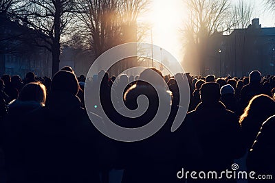 Crowd of people protesting together walking in the city, view from behind, Generative AI Stock Photo