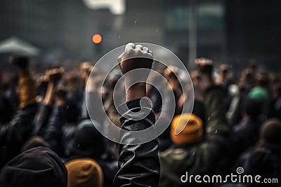 Crowd of people with raised hands at concert in the rain, A raised fist of a protestor at a political demonstration, AI Generated Stock Photo