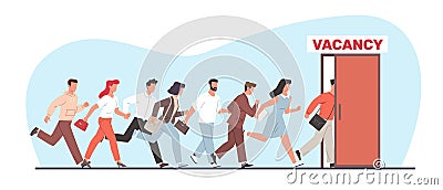 Crowd of people rush to open position at staffing agency. Running men and women in door with banner vacancy. Company Cartoon Illustration