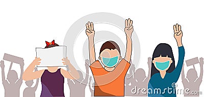 Crowd of people show 3 fingers protesting. Protest, outcry, deprecation concept. Cartoon vector illustration Vector Illustration