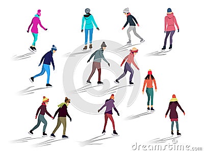 Crowd of people skating on ice rink outdoor activities Vector Illustration