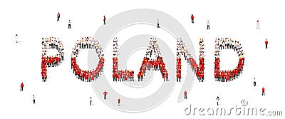 A crowd of people are standing in white and red robes, making up the word Poland. Poland flag made of people Vector Illustration