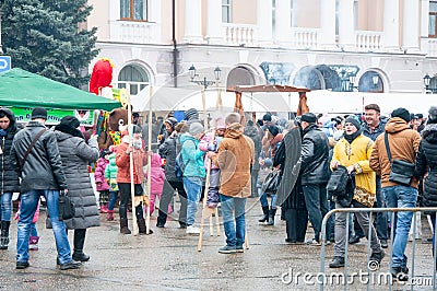 Crowd of people take part in celebration of Maslenitsa in Bryansk city. Editorial Stock Photo