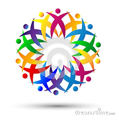 Crowd of People team work union, Cheering Up in Circle Logo on white background Stock Photo