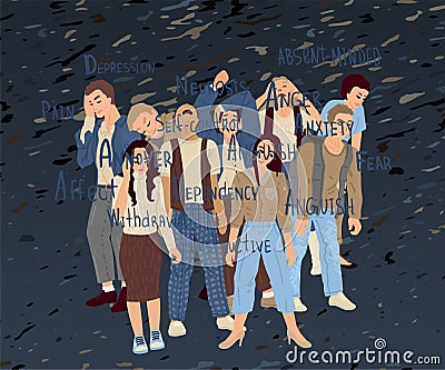 Crowd of people tired and stressed, mental personality disorders, depression and blues. Text of terms of psychology Vector Illustration