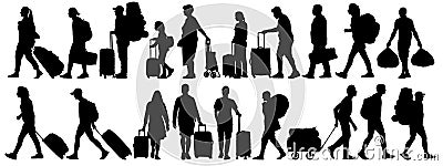 Crowd of people tourists. People with suitcases bags and backpacks. Migration of people. Vector silhouette isolated set Vector Illustration