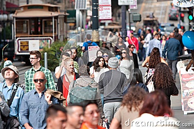 Crowd Of People Walk Among Trolley Cars In San Francisco Editorial Stock Photo