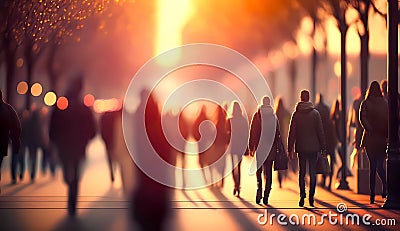 Crowd of people walking down the street in blurred motion Cartoon Illustration