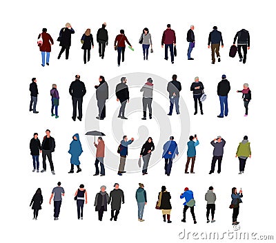 Crowd of people walking in the street dressed in demi-season clothes. Group of funny men, women in autumn spring clothes Vector Illustration