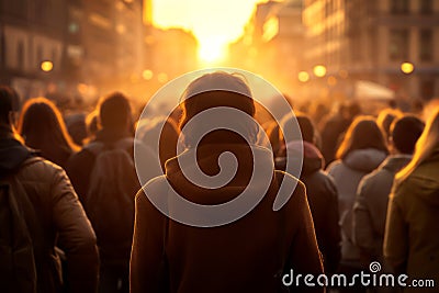 Crowd of people walking on sunrise in the city streets. Busy morning in big city Stock Photo