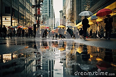 Crowd of people walking with umbrellas in downtown during rain Stock Photo