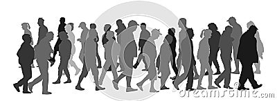 Crowd of people walking vector silhouette illustration isolated on white background. Senior tourists on vacation. Woman and man. Vector Illustration