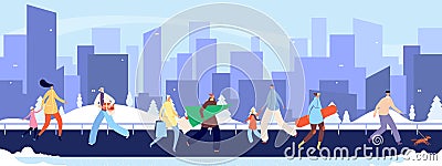 Crowd people wear winter cloth. Winter city street, man woman shopping, walking and go to work. Cold weather, season Vector Illustration