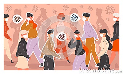 Crowd of people wearing face medicine sterile masks Cartoon Illustration