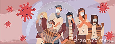 Crowd of people wearing medical masks banner. Preventive measures, human protection from pneumonia outbreak. Coronavirus Vector Illustration