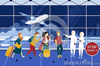 Crowd of people wearing protective medical masks in the airport. Night time. Vector illustration Vector Illustration