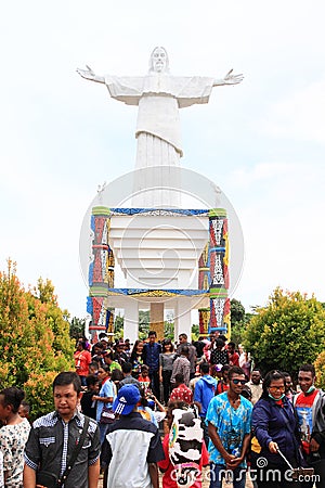 Crowd of pilgrims by memorial on Mansinam island - Jesus Editorial Stock Photo
