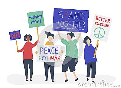 Crowd of protesters carrying protesting signs Vector Illustration