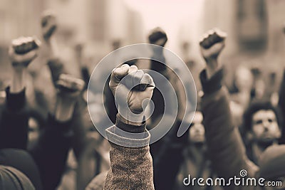 Crowd Of Protesters With Fist Raised, Rear View, Closeup. Generative AI Stock Photo