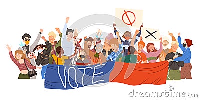 Crowd of Protesting People Characters Holding Banners and Shouting in Megaphone Vector Illustration Vector Illustration
