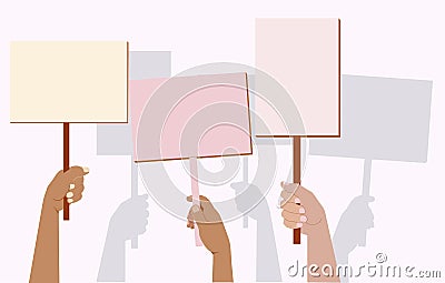 A crowd of protesting people. Demonstration, protest. Banner in the hand. Silhouettes of the hands of protesters. Flat illustratio Cartoon Illustration