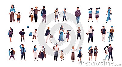 Crowd of pupils, school children with parents and students going to school, college or university. Tiny people on street Vector Illustration