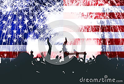 Independence day, fireworks, crowd and flag of America Stock Photo