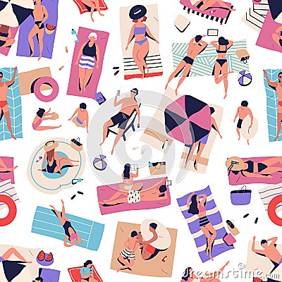 Crowd of relaxed people chilling on beach seamless pattern. Man, woman, couple and children relaxing, sunbathing Vector Illustration