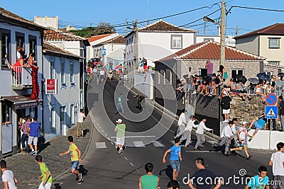 A crowd scatters as a bull charges Editorial Stock Photo