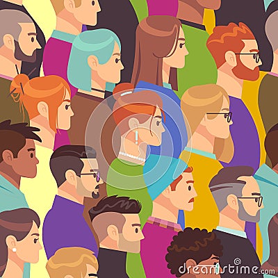 Crowd seamless pattern. Different people group, young men and women. Human heads in profile, population wallpaper vector Vector Illustration