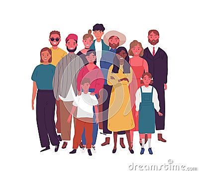Crowd of smiling diverse people standing together vector flat illustration. Group of multiethnic joyful man, woman and Vector Illustration