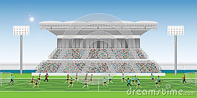 Crowd in stadium grandstand to cheering football match team play Vector Illustration