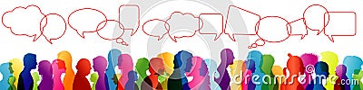 Crowd talking. Speech between people. To communicate. Group of people colored profile silhouette. Speech bubble. Speaking Stock Photo