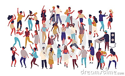 Crowd of tiny people dancing on dance floor at night club isolated on white background. Happy of men and women having Vector Illustration