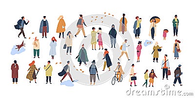 Crowd of tiny people dressed in autumn clothes or outerwear walking on street and performing outdoor activities. Group Vector Illustration