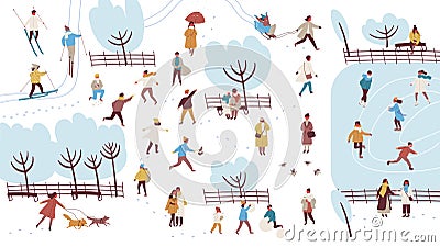 Crowd of tiny people dressed in outerwear performing outdoor activities in winter park - building snowman, throwing Vector Illustration