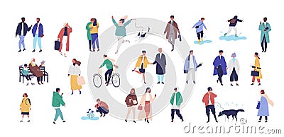 Crowd of tiny people dressed in seasonal clothes or outerwear walking on street and performing spring outdoor activities Vector Illustration