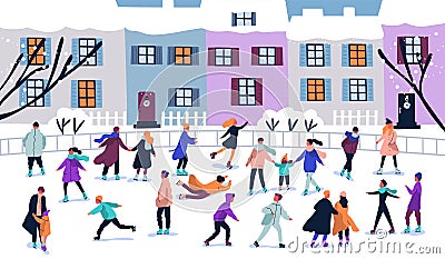 Crowd of tiny people dressed in winter clothes ice skating on rink. Men, women and children in seasonal outerwear on ice Vector Illustration