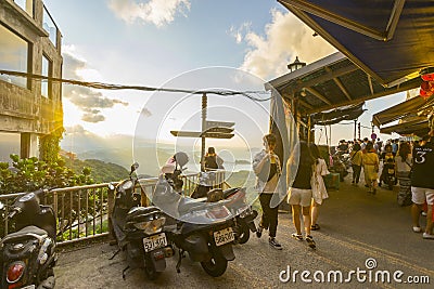 Crowd of tourists sightseeing at Jiufen Old Street looking out the mountain in New Taipei City, Taiwan Editorial Stock Photo