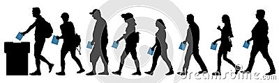 Crowd of voters votes in elections. Crowd people with ballot papers go to the ballot box. Silhouette vector illustration Vector Illustration