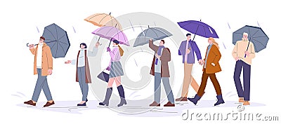 Crowd walk at rain or storm. Rainy protection, umbrella and coats. Stormy day outside and people going work. Spring Vector Illustration